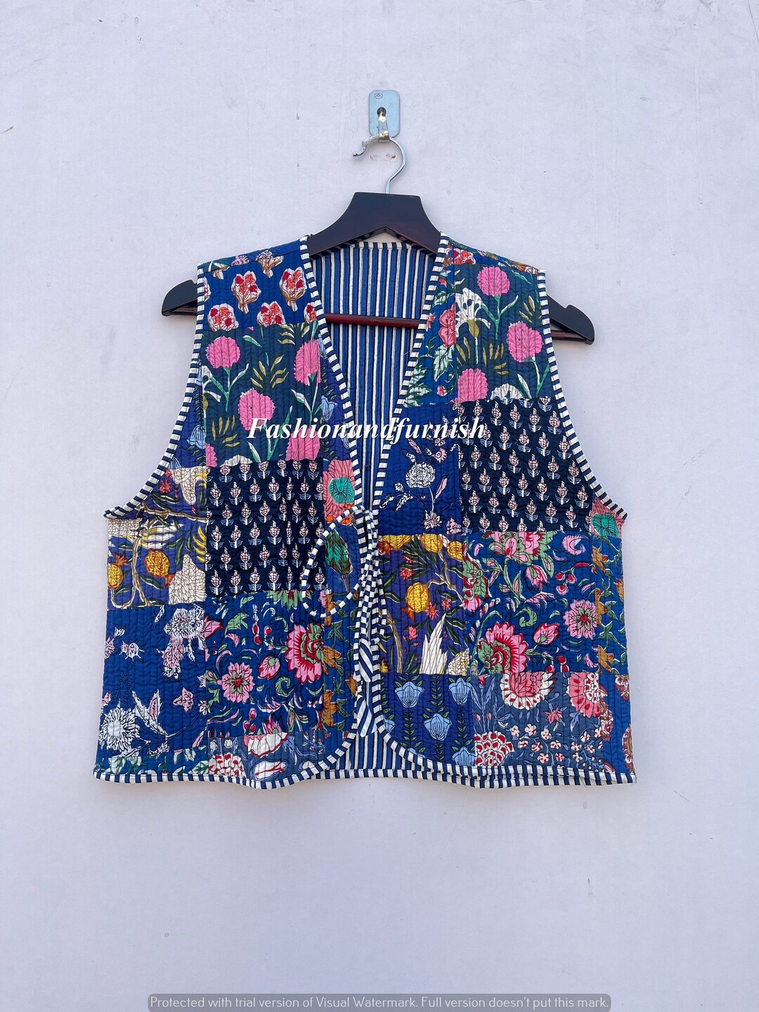 Cotton Quilted Jacket Women Wear Front Open Kimono Stripe Piping