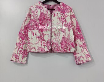 Indian Quilted Jacket For Women Tiger Print Jacket Short kimono Women Wear New Style Pink Flower Coat