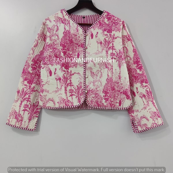 Indian Quilted Jacket For Women Tiger Print Jacket Short kimono Women Wear New Style Pink Flower Coat