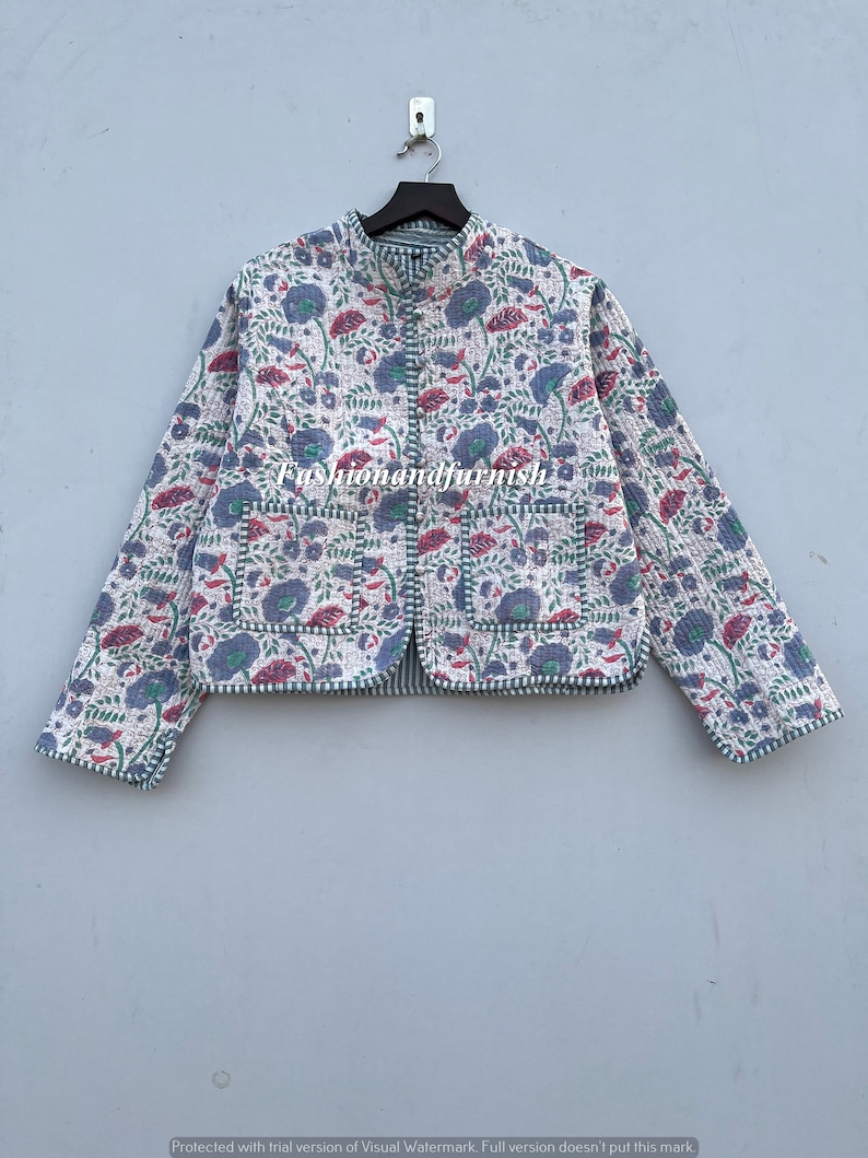 Patchwork Quilted Jackets Cotton Floral Bohemian Style Fall Winter Jacket Coat Streetwear Boho Quilted Reversible Jacket for Women GREY FLORAL