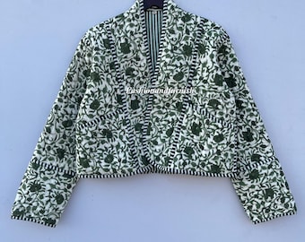 Handcrafted Cotton Quilted Patchwork Jacket, Boho Floral Reversible Coat – Vintage Kantha Kimono Style Short Jacket for Women, Gift for Her
