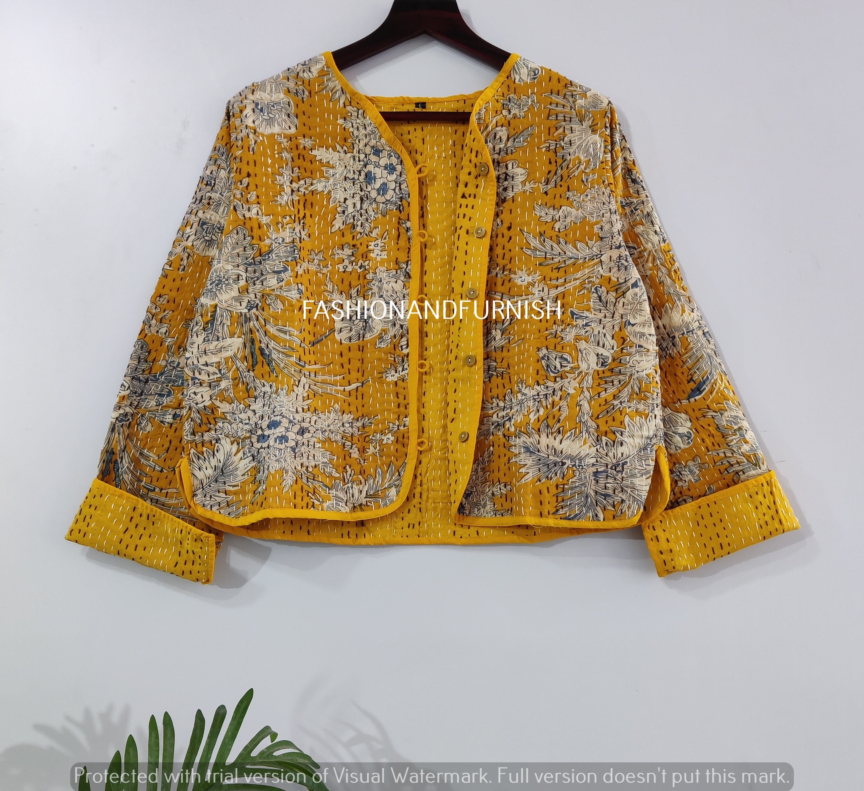 Handmade Kantha Patchwork Cotton Jacket: Floral Print Quilted Coat