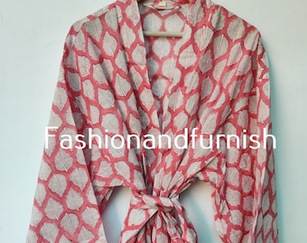 Hand Block Print Cotton Kimono Robe: Indian Gown, Boho Bridal Robe