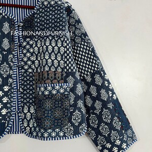 Indigo Blue Handmade Patchwork Jackets, Indian Cotton Handmade Winter Jacket Coat, Bohemian Style Jacket, Unisex Short Quilted Kantha Jacket zdjęcie 5