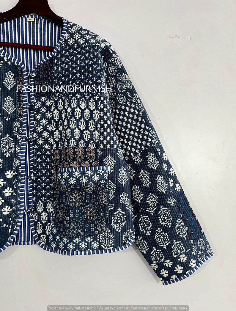 Indigo Blue Handmade Patchwork Jackets, Indian Cotton Handmade Winter Jacket Coat, Bohemian Style Jacket, Unisex Short Quilted Kantha Jacket zdjęcie 5