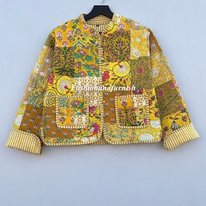 Patchwork Quilted Jackets Cotton Floral Bohemian Style Fall Winter Jacket Coat Streetwear Boho Quilted Reversible Jacket for Women YELLOW PATCHWORK