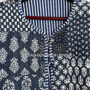 Indigo Blue Handmade Patchwork Jackets, Indian Cotton Handmade Winter Jacket Coat, Bohemian Style Jacket, Unisex Short Quilted Kantha Jacket zdjęcie 4