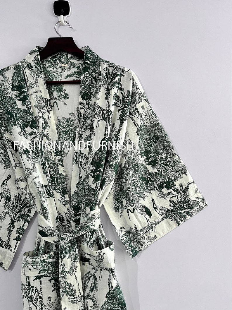 Robes, Lightweight pure cotton kimono robe, ladies night gown, kimono dressing gown, bridesmaid gowns, sustainable women bathrobe, Kimono GREEN TIGER