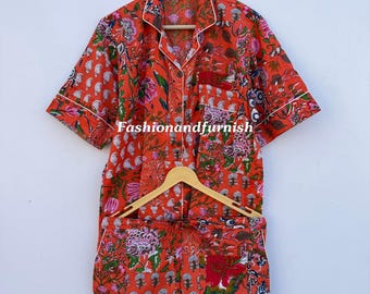 Floral Cotton Pajama Short Set: Indian Print Sleepwear
