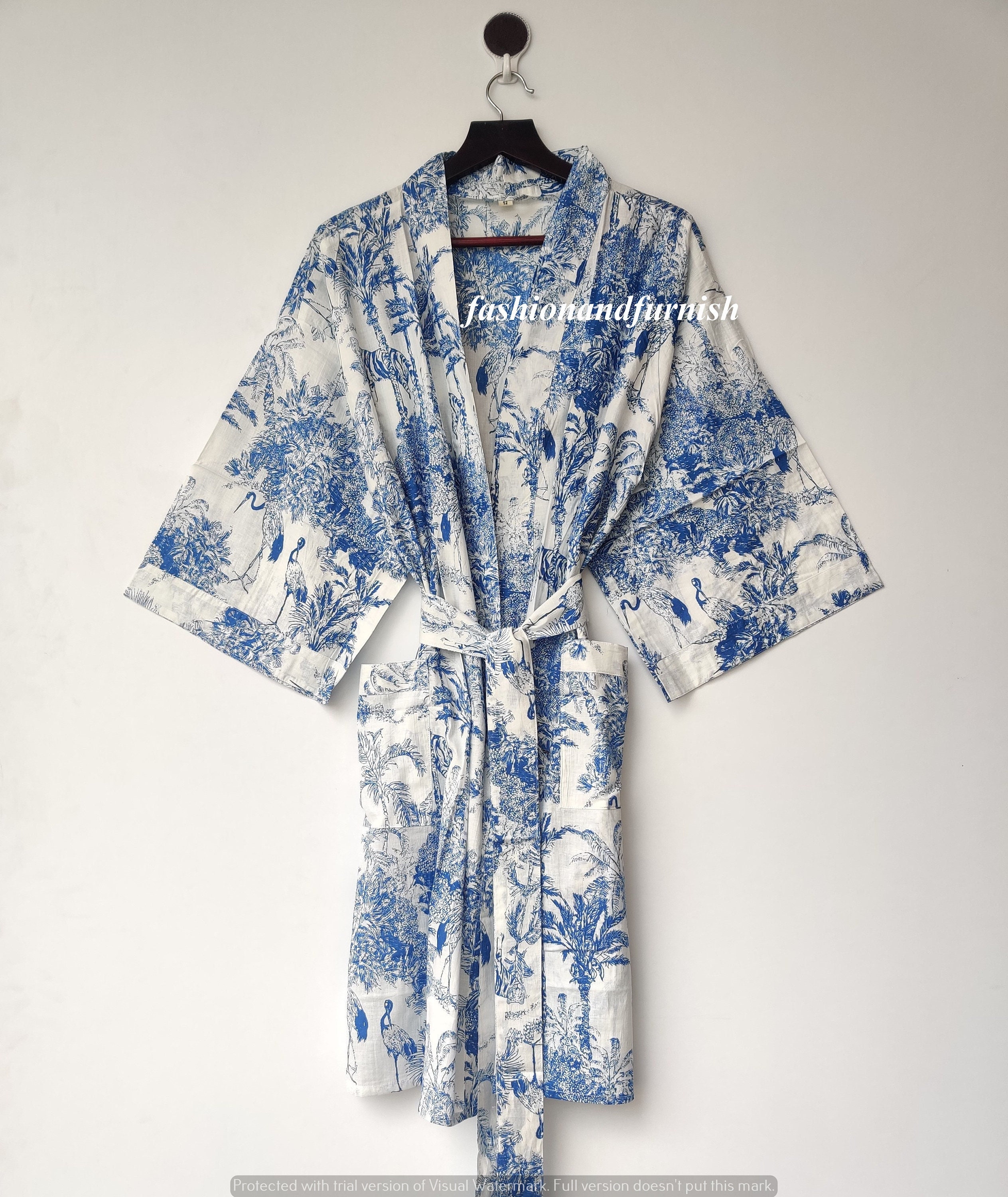 Drawn Block Robe 100% Cotton Lightweight Kimono Robes, Block Print Cotton Dressing Gown ...