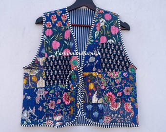 Handmade Cotton Quilted Vest: Floral Patchwork Kimono Jacket