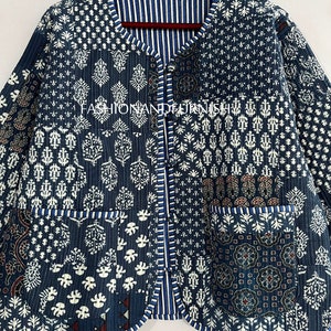 Indigo Blue Handmade Patchwork Jackets, Indian Cotton Handmade Winter Jacket Coat, Bohemian Style Jacket, Unisex Short Quilted Kantha Jacket zdjęcie 3