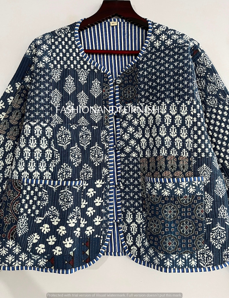 Indigo Blue Handmade Patchwork Jackets, Indian Cotton Handmade Winter Jacket Coat, Bohemian Style Jacket, Unisex Short Quilted Kantha Jacket zdjęcie 3