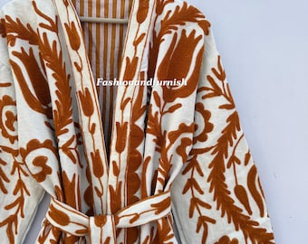 Handmade Floral Cotton Quilted Robe, Embroidered Kimono Jacket
