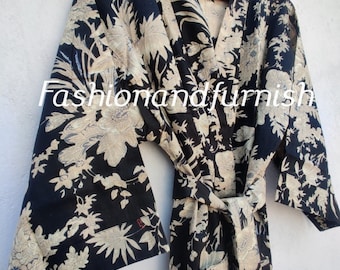 Black Cotton Kimono Robe, Indian Floral Dressing Gown, Lightweight Robes