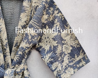 Handmade Cotton Kantha Robe, Floral Print Kimono, Dressing Gown