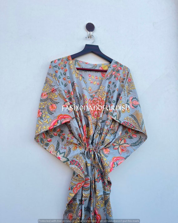 Floral Printed Cotton Kaftan: Indian Maxi Dress, Beach Cover Up