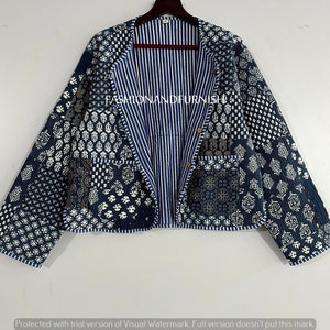 Indigo Blue Handmade Patchwork Jackets, Indian Cotton Handmade Winter Jacket Coat, Bohemian Style Jacket, Unisex Short Quilted Kantha Jacket zdjęcie 1