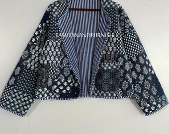 Indigo Blue Handmade Patchwork Jackets, Indian Cotton Handmade Winter Jacket Coat, Bohemian Style Jacket, Unisex Short Quilted Kantha Jacket