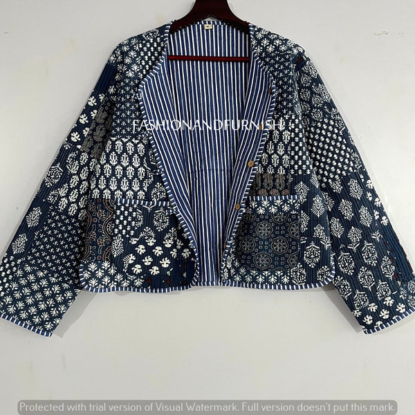 Indigo Blue Handmade Patchwork Jackets, Indian Cotton Handmade Winter Jacket Coat, Bohemian Style Jacket, Unisex Short Quilted Kantha Jacket