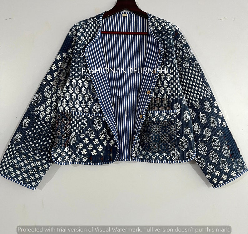 Indigo Blue Handmade Patchwork Jackets, Indian Cotton Handmade Winter Jacket Coat, Bohemian Style Jacket, Unisex Short Quilted Kantha Jacket zdjęcie 1