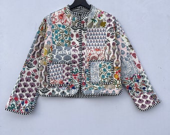 Handmade Floral Patchwork Quilted Cotton Jacket: Bohemian Reversible Coat