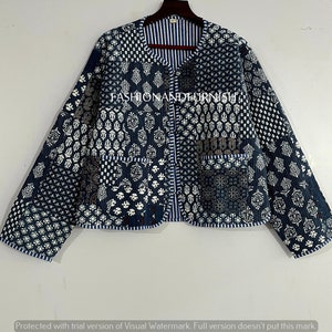 Indigo Blue Handmade Patchwork Jackets, Indian Cotton Handmade Winter Jacket Coat, Bohemian Style Jacket, Unisex Short Quilted Kantha Jacket zdjęcie 2