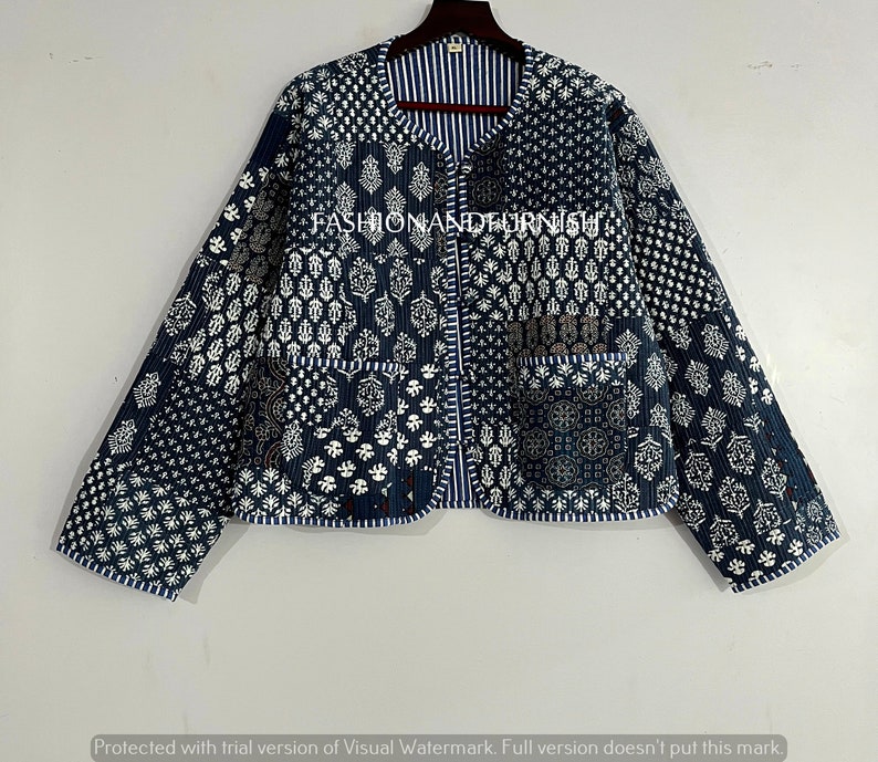 Indigo Blue Handmade Patchwork Jackets, Indian Cotton Handmade Winter Jacket Coat, Bohemian Style Jacket, Unisex Short Quilted Kantha Jacket zdjęcie 2