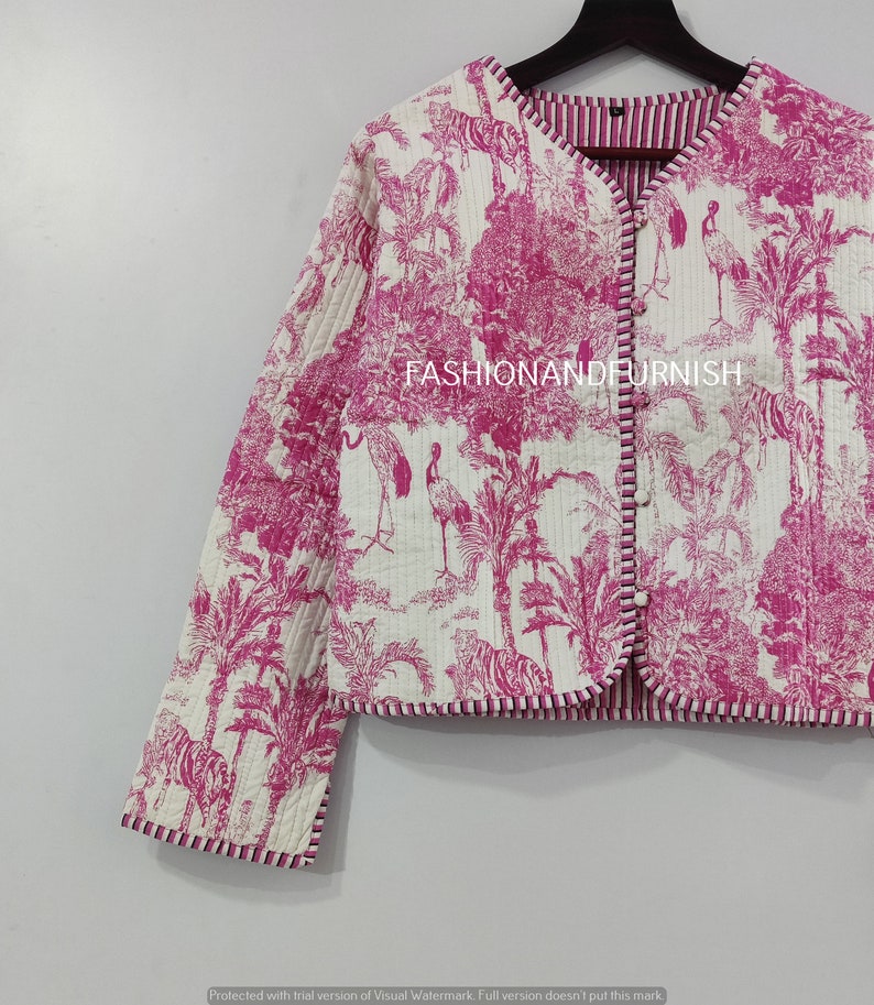 Indian Quilted Jacket For Women Tiger Print Jacket Short kimono Women Wear New Style Pink Flower Coat Bild 3