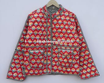 リバーシブルブロックプリントコットンキルティングジャケット