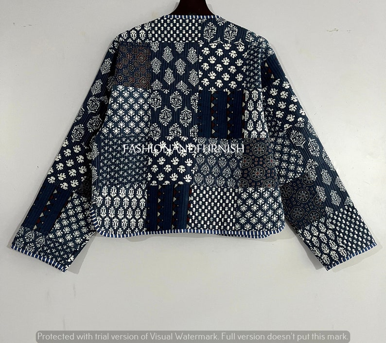 Indigo Blue Handmade Patchwork Jackets, Indian Cotton Handmade Winter Jacket Coat, Bohemian Style Jacket, Unisex Short Quilted Kantha Jacket zdjęcie 10