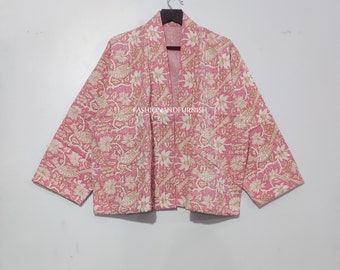 Indian Handmade Kantha Quilt Short Jacket Kimono Women Wear Boho Pink Color Front Open Quilted Jacket