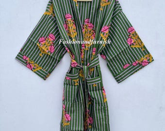 Hand Block Print Cotton Kimono Robe: Floral Tiger Print