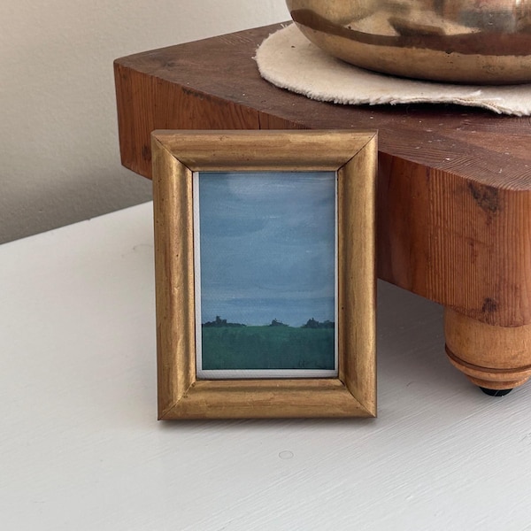 Mini Framed Landscape Art | Small Vintage Gold Frame Painting | Moody Field Scene