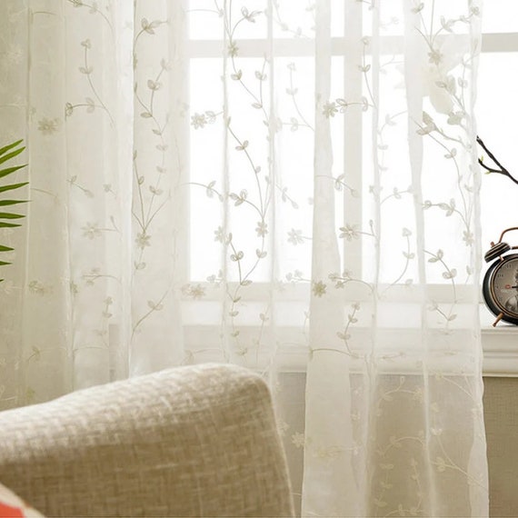 White Flower Embroidery Curtain A Pair of White Sheer Curtain Etsy
