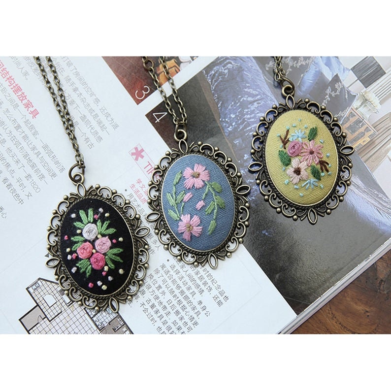 For Beginner Embroidery Kit Embroidered Flower Necklace Necklace with embroideryWall Art DIY Kits for Adults Modern Embroidery Kit