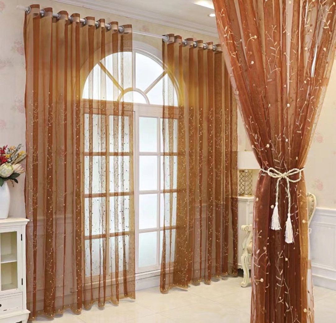 Brown Sheer Curtain Flower Embroidery Curtain Rod Pocket Etsy