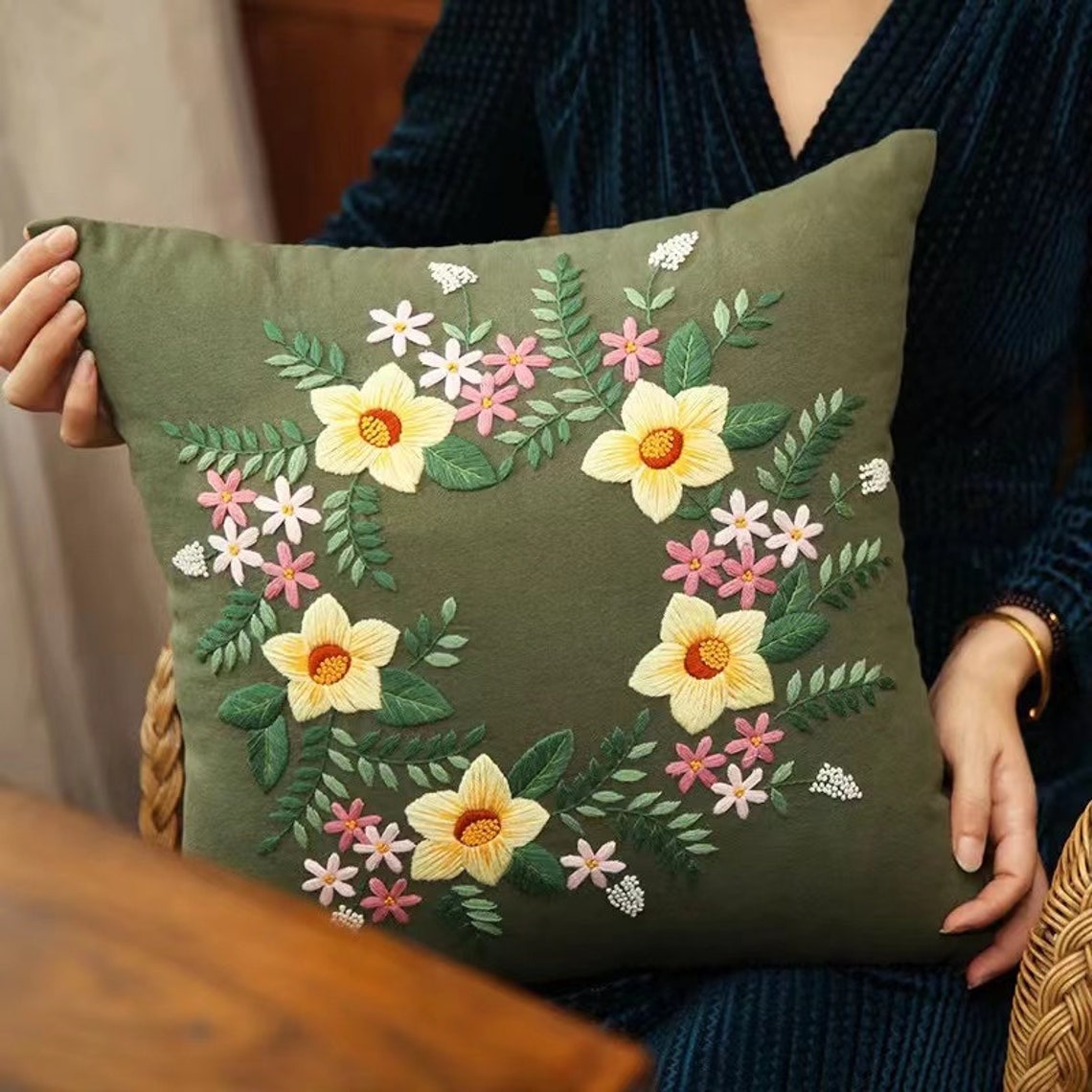 Pillow Embroidery Kit Floralbeginner Embroidery Kit Etsy