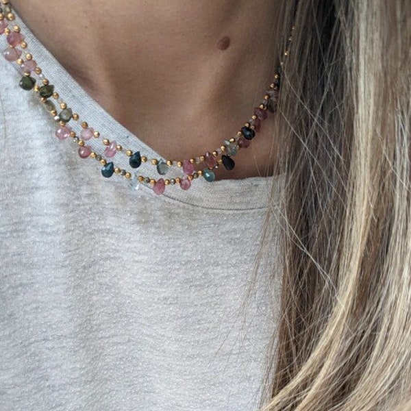 Collier gouttes Multi Tourmalines (base pyrite ou labradorite). Bijoux bohème chic, idéal cadeau femme / fête des mères