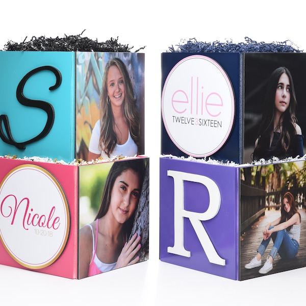 Custom Girl Photo Cube Centerpiece for Birthday Party Bat Mitzvah Event Decor