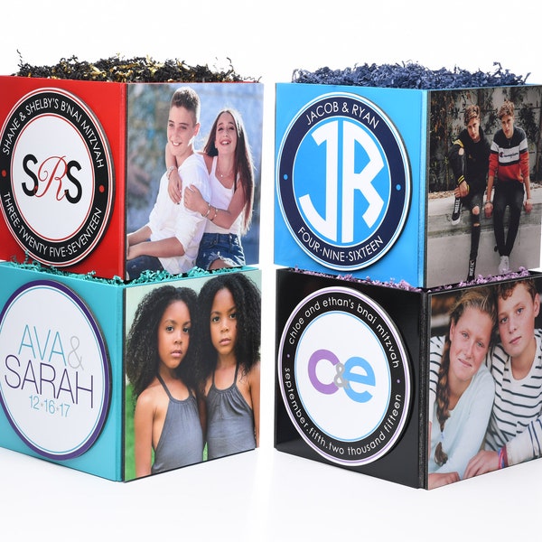 Custom Twin or B'nai Mitzvah Photo Cube Centerpiece for Birthday Party Event Decor
