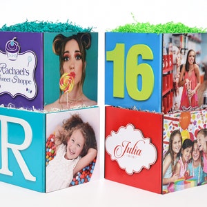 Custom Candy Sweets Photo Cube Centerpiece for Birthday Party Bat Mitzvah Event Decor