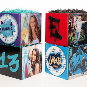Custom Graffiti Splatter Paint Photo Cube Centerpiece for Birthday Party Bat Mitzvah Event Decor