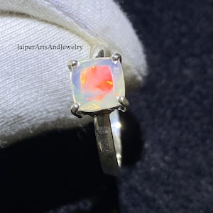 Ethiopian Opal Ring: Handmade 925 Sterling Silver, Multi Fire Gemstone (7x7 mm)