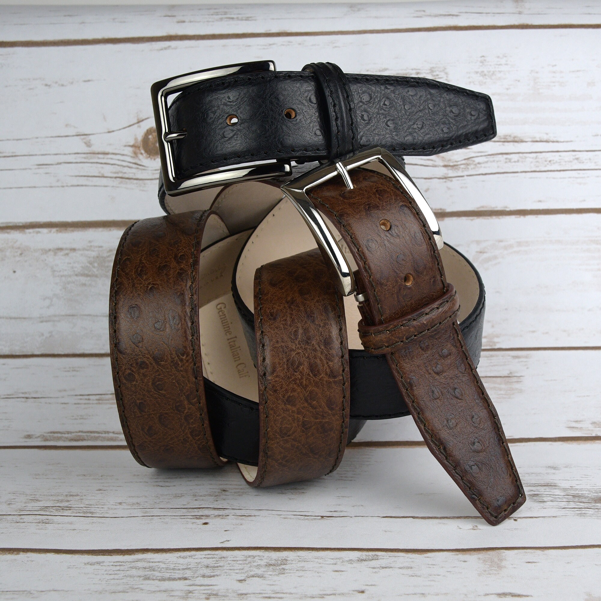Spell | Brown Ostrich Print Genuine Leather Belt | Made in Italy (Some Wear) L Ostrich Print Croco Embossed Western Tabs Belt | Stetson main image 3