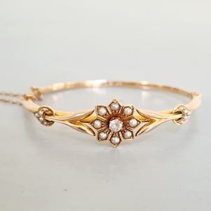 SOLD* (Deposit) Antique Edwardian Rose Gold Diamond & Seed Pearl Bangle Bracelet