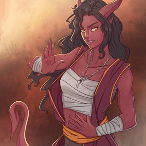 May include: A woman with red skin and horns, wearing a burgundy robe with a white sash and a silver chain necklace. She has long black hair and yellow eyes. She is holding her hands up in a gesture of stopping.
