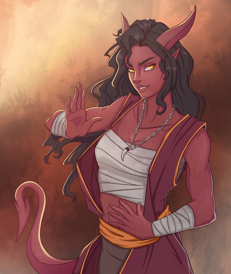 May include: A woman with red skin and horns, wearing a burgundy robe with a white sash and a silver chain necklace. She has long black hair and yellow eyes. She is holding her hands up in a gesture of stopping.
