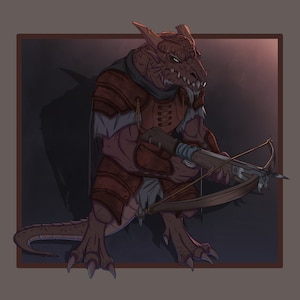 May include: A red dragon-like creature with a crossbow, wearing brown leather armor and a hooded cloak. The creature is standing on a dark background.