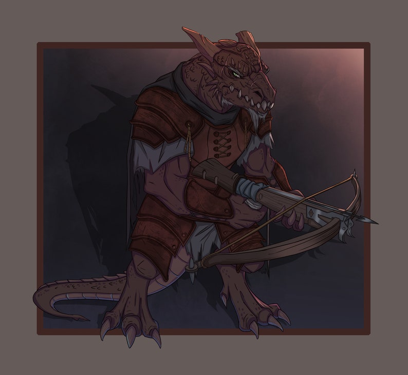 May include: A red dragon-like creature with a crossbow, wearing brown leather armor and a hooded cloak. The creature is standing on a dark background.